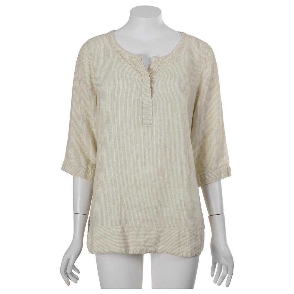 J. Jill Top S Green Striped 100% Linen 3/4 Sleeve Casual Pullover Love Linen